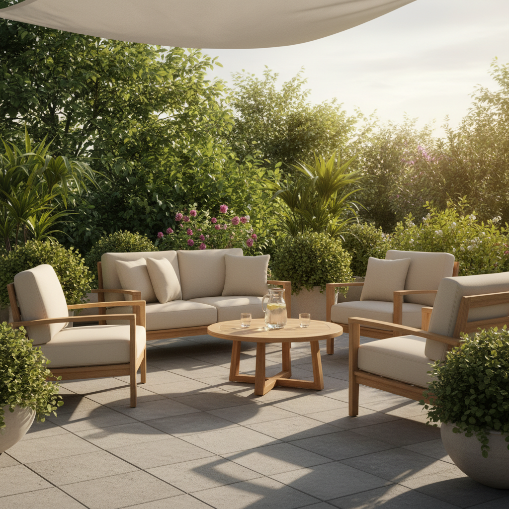 Słoneczny, elegancki taras na poziomie gruntu, wyłożony dużymi, jasnoszarymi płytami tarasowymi. Wokół tarasu bujna, zielona roślinność. Na tarasie stoją nowoczesne, wygodne meble ogrodowe - sofa i fotele z miękkimi poduszkami oraz niski stolik kawowy. Ciepłe, popołudniowe światło tworzy relaksującą atmosferę.