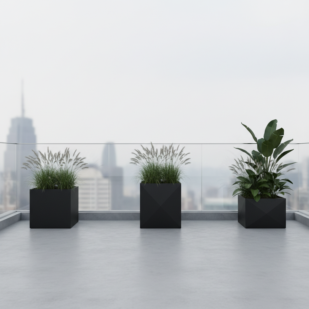 Minimalistyczny, nowoczesny taras z gładką, betonową posadzką. Wzdłuż szklanej balustrady stoją trzy duże, matowe, czarne donice ceramiczne o geometrycznych kształtach (sześcian, wysoki prostopadłościan). W donicach rosną ozdobne trawy i egzotyczne rośliny o dużych, zielonych liściach. Kompozycja jest surowa, ale elegancka, oświetlona chłodnym, rozproszonym światłem.