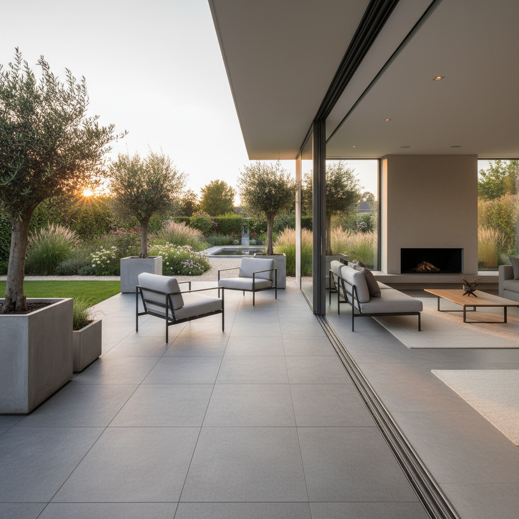 Przestronny, nowoczesny taras z widokiem na ogród, wyłożony dużymi płytkami wielkoformatowymi w odcieniu szarości, które płynnie przechodzą z salonu na zewnątrz, zacierając granicę między domem a naturą. Na tarasie stoją proste, designerskie meble ogrodowe.