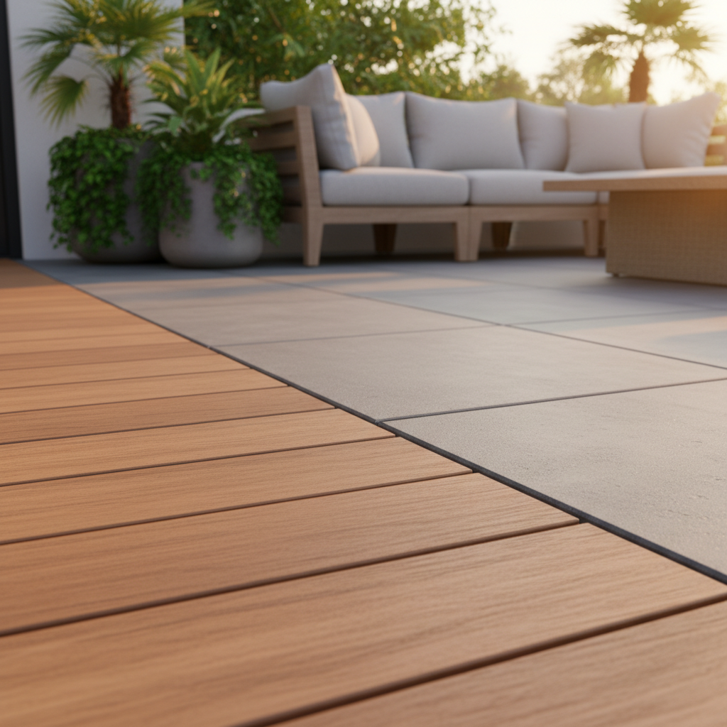 Zbliżenie na fragment nowoczesnego tarasu, gdzie eleganckie deski kompozytowe w ciepłym odcieniu drewna spotykają się z dużymi, minimalistycznymi płytami z betonu architektonicznego. W tle widać fragment wygodnej sofy ogrodowej i zieleń roślin w donicach, wszystko skąpane w ciepłym, popołudniowym słońcu.