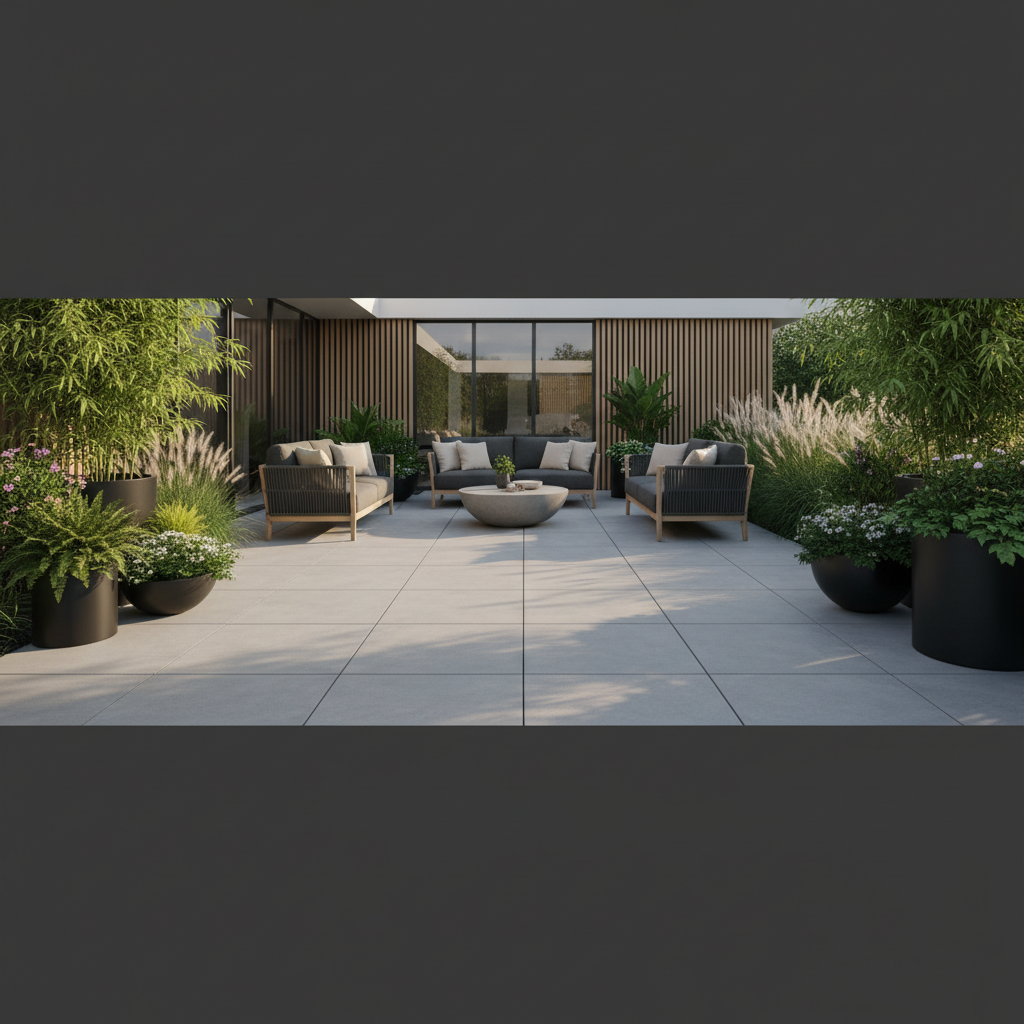 Nowoczesny taras z dużych, minimalistycznych płyt betonowych w odcieniu jasnej szarości. Na tarasie stoją wygodne meble ogrodowe, a całość otoczona jest zielenią. Słońce delikatnie oświetla gładką powierzchnię płyt.