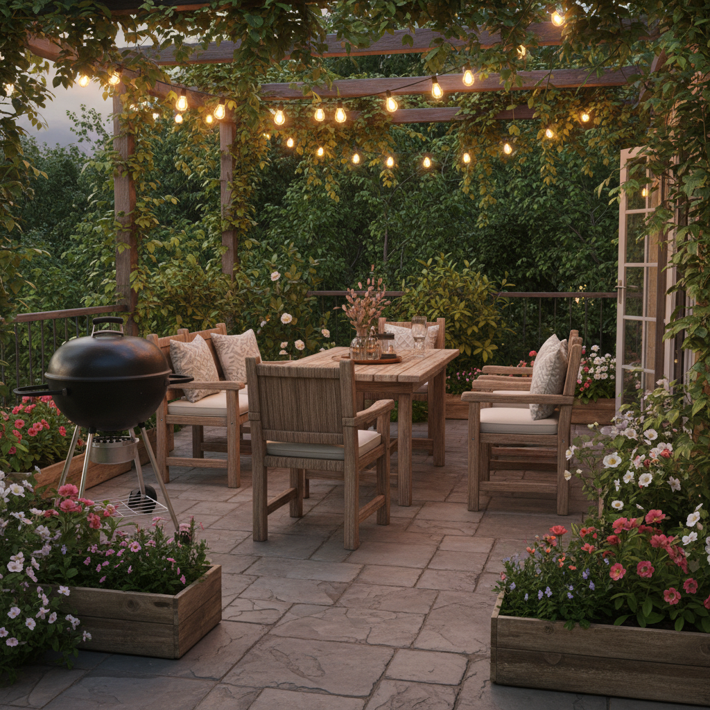 Przytulny taras w stylu rustykalnym, otoczony bujną zielenią i kolorowymi kwiatami w drewnianych skrzyniach. Nawierzchnia wykonana z płyt imitujących stary kamień. Na tarasie stoją solidne, drewniane meble i żeliwny grill. Ciepłe światło girland żarówkowych tworzy magiczny nastrój wieczorem.