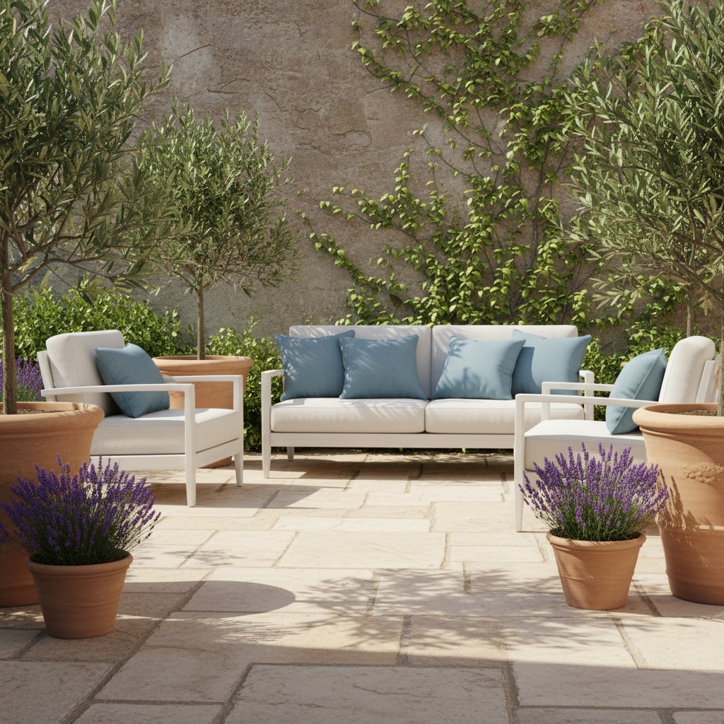 Słoneczny taras w stylu śródziemnomorskim z jasnymi, piaskowymi płytami. Stoją na nim donice z terakoty z lawendą i drzewkami oliwnymi. Wygodne, białe meble z błękitnymi poduszkami zapraszają do odpoczynku. W tle widać kamienną ścianę porośniętą bluszczem.