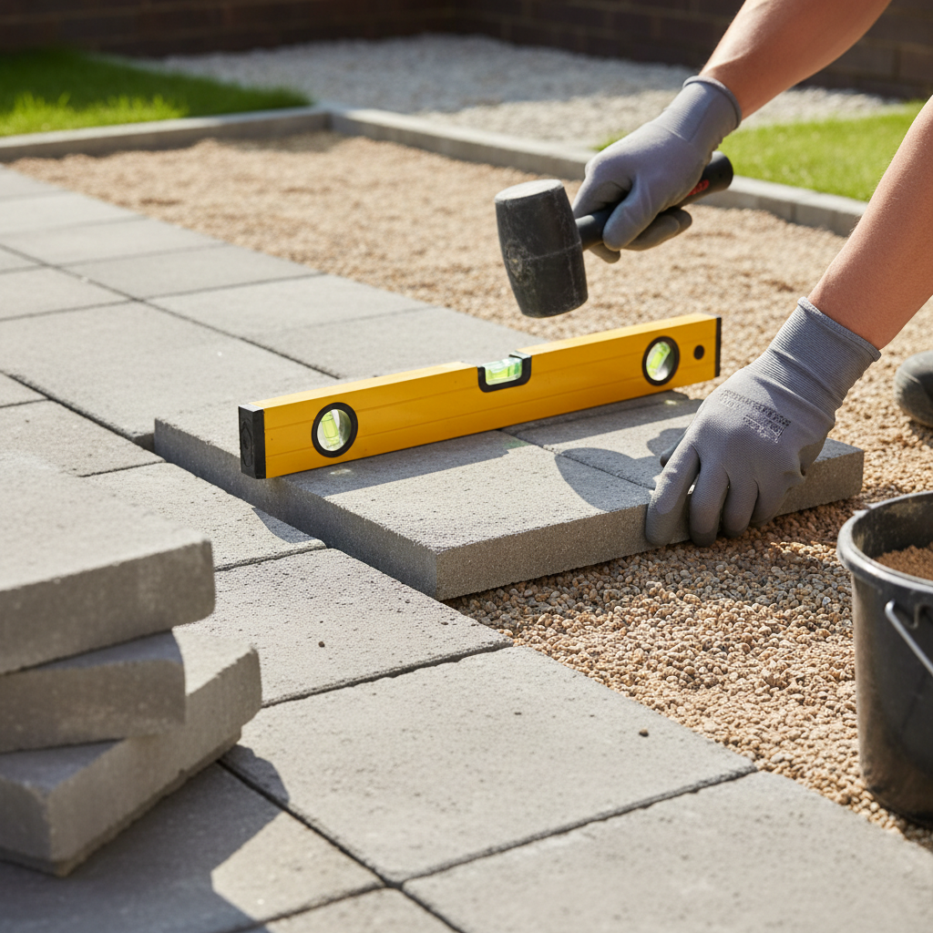 Ujęcie z bliska na proces układania dużych płyt tarasowych na przygotowanej podbudowie z kruszywa. Widać ręce pracownika w rękawicach, gumowy młotek i poziomnicę. Dookoła panuje porządek, praca wygląda profesjonalnie. Słońce oświetla scenę, podkreślając teksturę płyt i kruszywa.