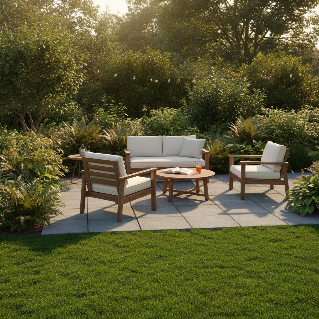 Przytulny taras na poziomie gruntu, wykonany z dużych, szarych płyt betonowych, płynnie łączący się z trawnikiem i bujną roślinnością ogrodu. Na tarasie stoją proste, drewniane meble ogrodowe, a całość oświetlona jest ciepłym, popołudniowym słońcem.