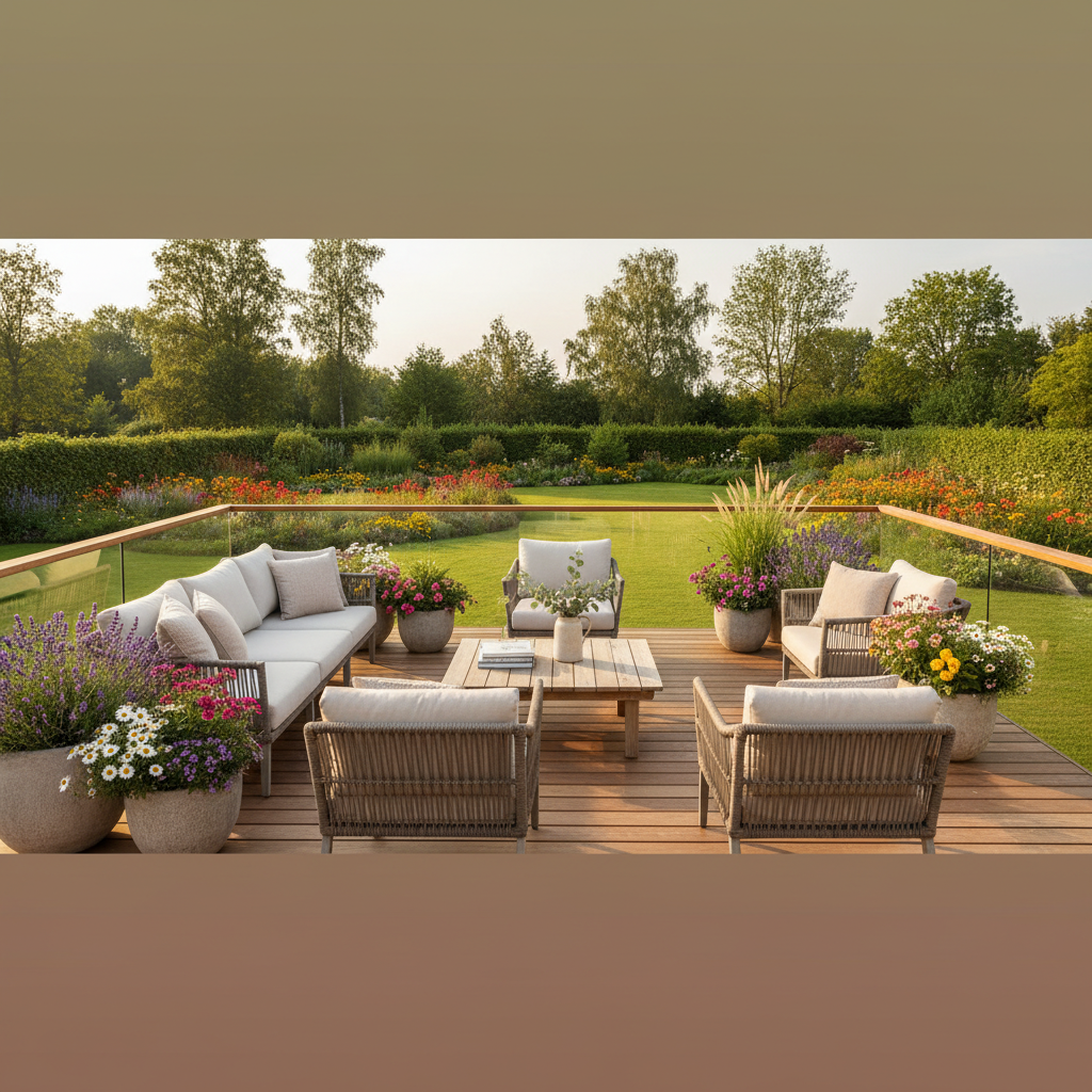 Nowoczesny, drewniany taras z wygodnymi meblami wypoczynkowymi i donicami pełnymi kwiatów. Z tarasu roztacza się piękny, panoramiczny widok na zadbany, zielony ogród z trawnikiem i kwitnącymi rabatami. Scena skąpana jest w ciepłym, popołudniowym słońcu, co tworzy atmosferę relaksu i spokoju.