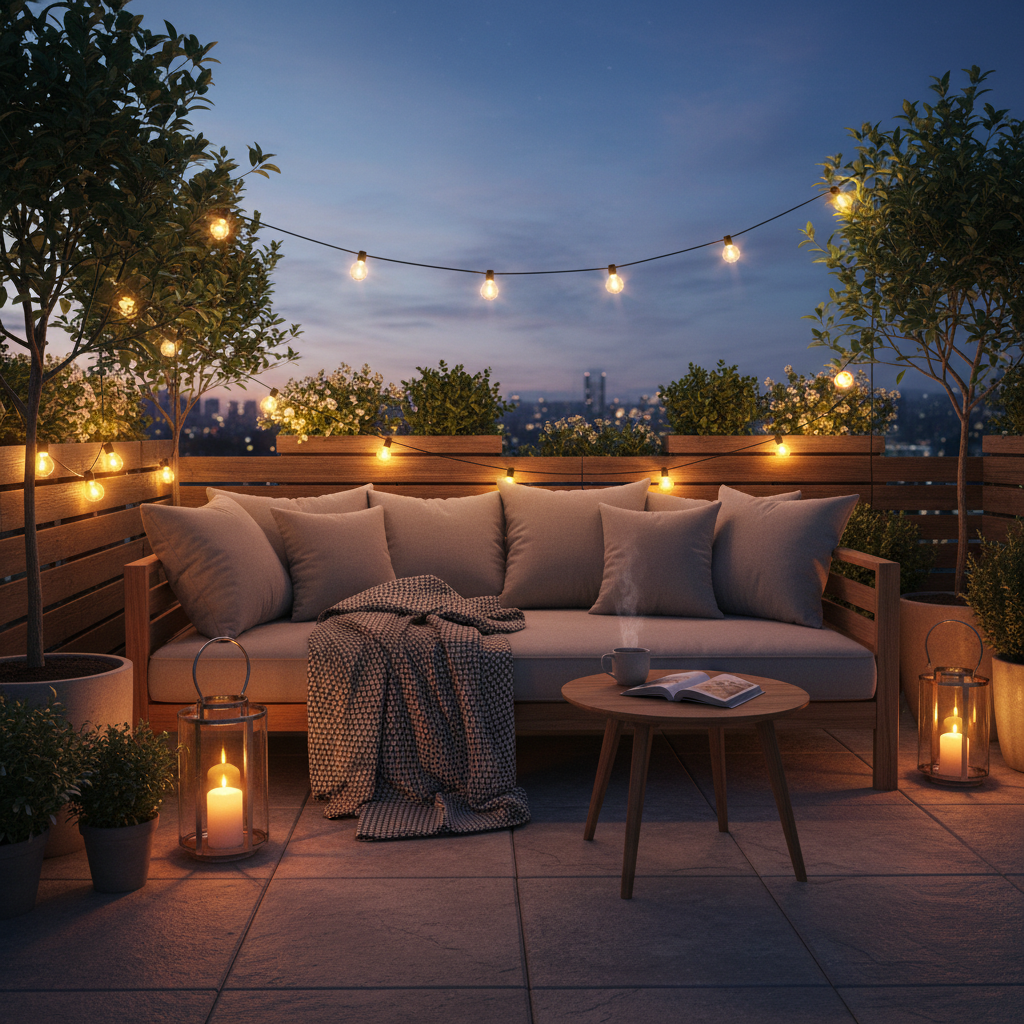 Przytulny taras o zmierzchu, oświetlony ciepłym światłem girland żarówek i świec w lampionach. Na wygodnej sofie leżą miękkie poduszki i koc, tworząc idealne miejsce do relaksu.