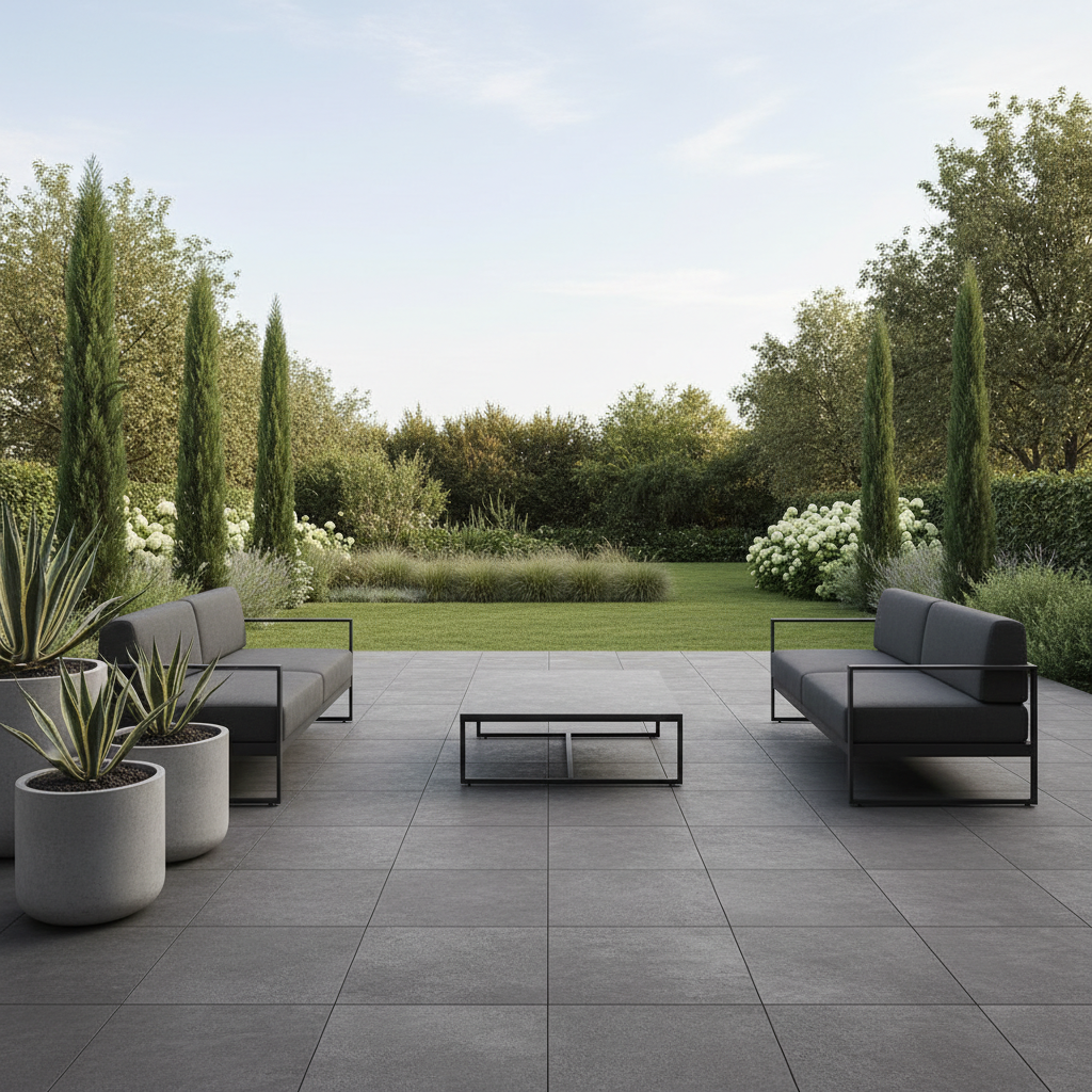 Nowoczesny taras z widokiem na ogród, wyłożony dużymi płytami z surowego, antracytowego gresu naturalnego. Na tarasie stoją proste, designerskie meble ogrodowe, a całość tworzy spójną, minimalistyczną przestrzeń.