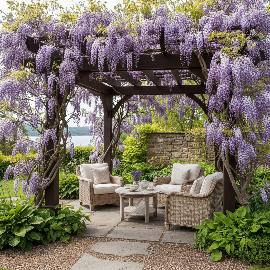 Elegancka, drewniana pergola porośnięta kwitnącą glicynią, tworząca romantyczny i zacieniony kącik wypoczynkowy z wygodnymi fotelami i stolikiem kawowym.