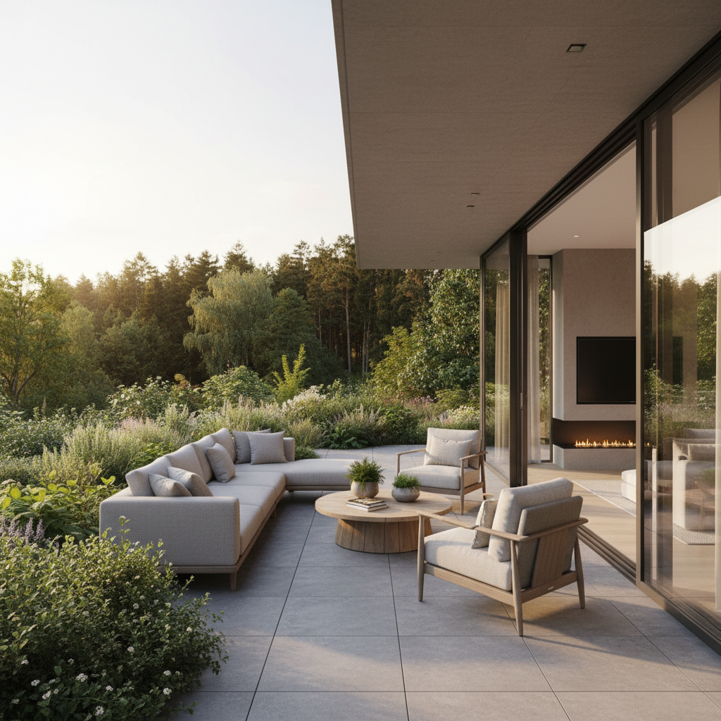 Przestronny, nowocześnie urządzony taras z wygodnymi meblami, otwierający się na bujny, zielony ogród z widokiem na las w tle. Duże, szklane drzwi przesuwne łączą taras z salonem, tworząc jednolitą przestrzeń.