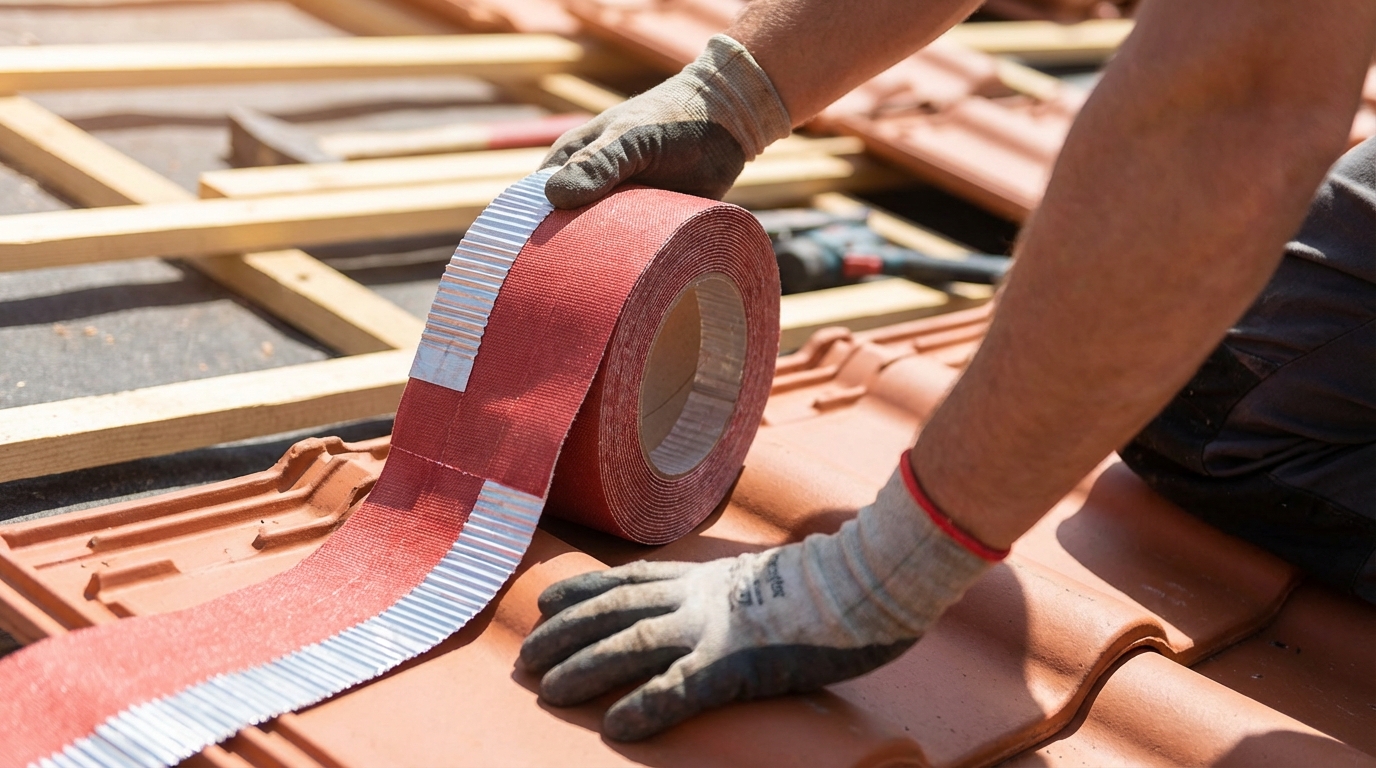 Zbliżenie na kalenicę dachu w trakcie budowy. Dekarz starannie rozwija i dociska czerwoną taśmę kalenicową do profilu dachówki ceramicznej. Widać strukturę taśmy: plisowane aluminium na brzegach i paroprzepuszczalną włókninę w środku. Scena jest jasna, techniczna i pokazuje profesjonalizm wykonania.