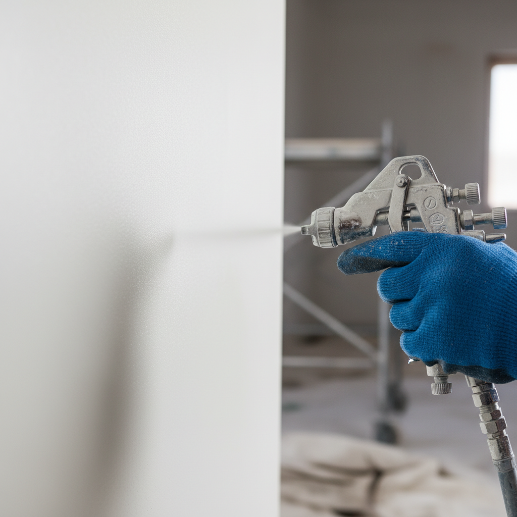 Zbliżenie na dłoń w rękawicy ochronnej trzymającą pistolet agregatu malarskiego pod idealnym kątem do ściany, widać równomierną mgiełkę farby tworzącą idealnie gładką powłokę, światło podkreśla brak smug.