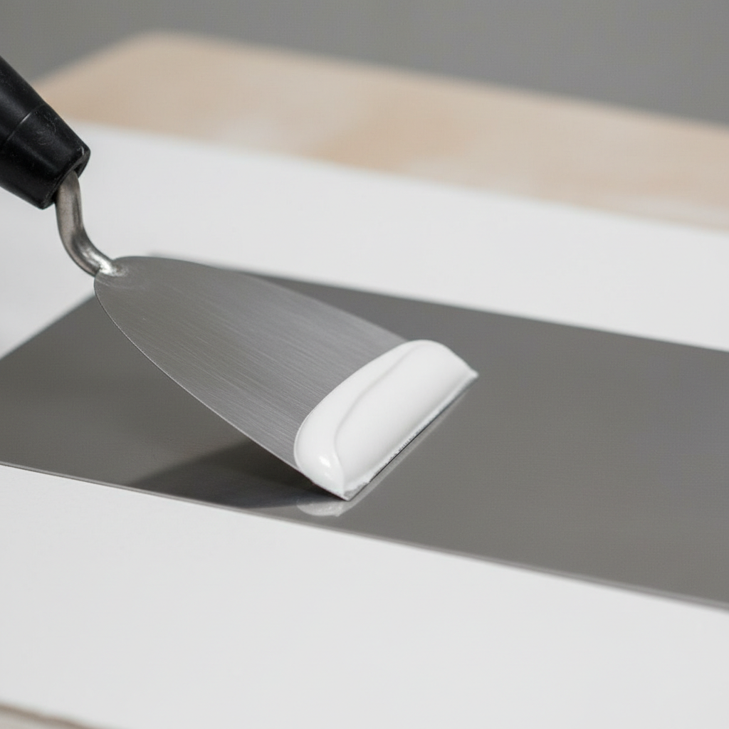 Precyzyjne ujęcie makro na dwie lśniące, nierdzewne szpachelki w akcji. Mniejsza szpachelka właśnie nakłada idealnie gładką, białą masę szpachlową na krawędź większej pacy. Tło jest lekko rozmyte, skupiając całą uwagę na narzędziach i technice. Zdjęcie podkreśla czystość i profesjonalizm pracy.