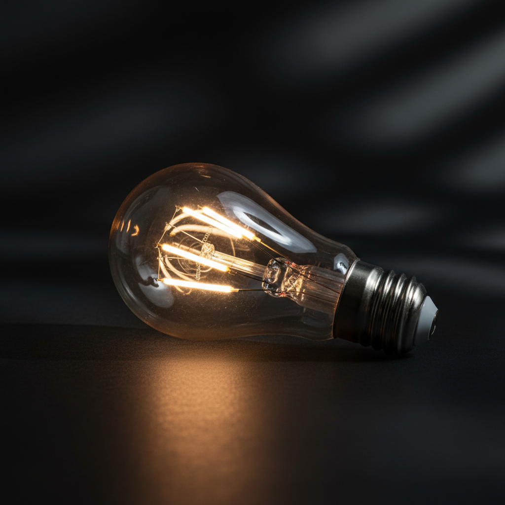 Artystyczne zbliżenie na żarówkę LED Energizer, gdzie widać subtelnie zarysowane wewnętrzne komponenty, takie jak diody i radiator. Całość na ciemnym, eleganckim tle, podkreślającym technologiczną precyzję.