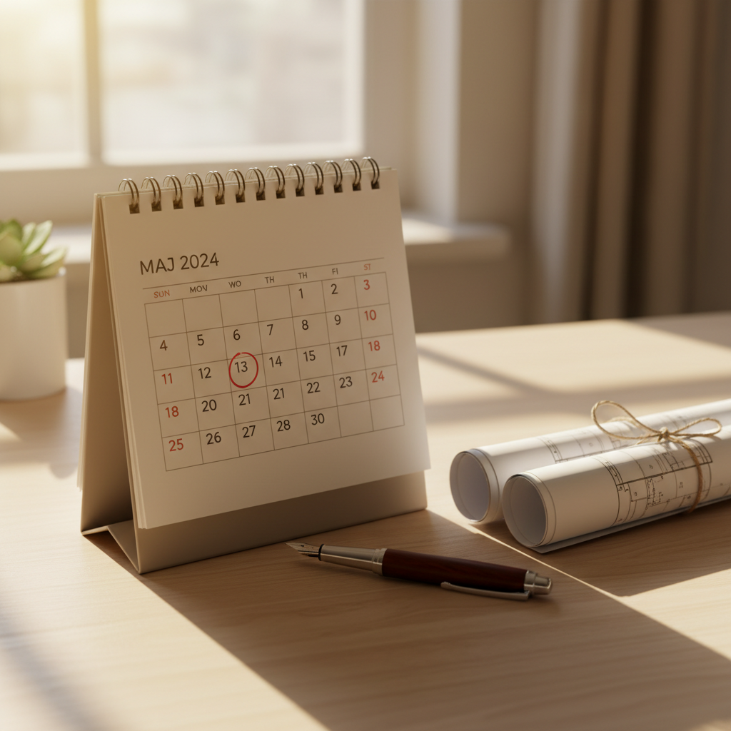 Stylowy kalendarz biurkowy stoi na jasnym, drewnianym stole obok zwiniętych planów budowlanych przewiązanych sznurkiem. Na kalendarzu wyraźnie zaznaczona jest data, a obok leży eleganckie pióro. Całość kompozycji ma ciepły, optymistyczny wydźwięk, symbolizujący oczekiwanie i planowanie przyszłości.