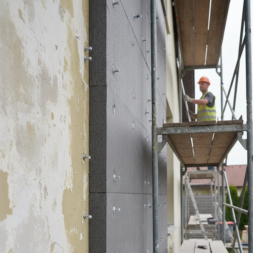 Zbliżenie na ścianę zewnętrzną domu jednorodzinnego w trakcie prac termomodernizacyjnych. Widać fragment starej elewacji oraz nowo położone, grube płyty styropianu grafitowego, przygotowane do nałożenia tynku. W tle pracownik na rusztowaniu.