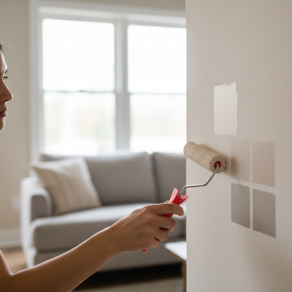 Zbliżenie na dłoń kobiety, która maluje małym wałkiem kwadratowy fragment ściany w salonie przy użyciu testera farby. Na ścianie widać już kilka innych próbek w różnych odcieniach beżu i szarości. W tle widać fragment kanapy i okno, przez które wpada naturalne światło. Kadr podkreśla proces świadomego i starannego wyboru koloru.