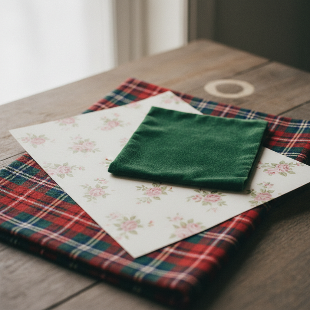 Artystyczne ujęcie prezentujące warstwowo ułożone próbki tkanin w stylu angielskim. Na spodzie leży kawałek materiału w szkocką kratę, na nim fragment tapety w delikatne, różowe róże, a na wierzchu kawałek gładkiego, butelkowo-zielonego weluru. Całość skąpana jest w miękkim, naturalnym świetle.