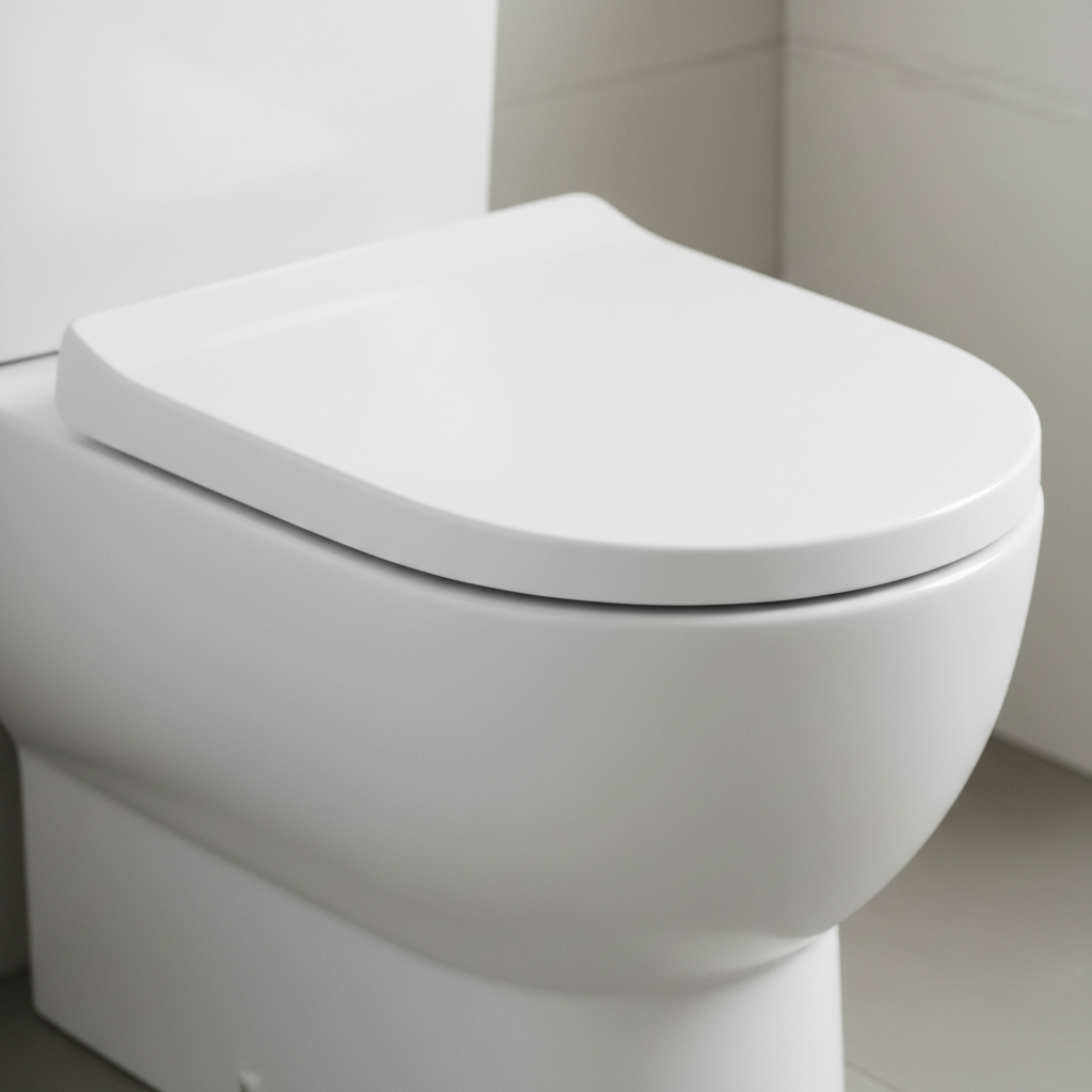 Zbliżenie na czystą, białą, bezrantową misę toalety myjącej, podkreślające jej gładką, nowoczesną konstrukcję i brak miejsca na zawieszenie tradycyjnego koszyczka. Światło delikatnie odbija się od ceramicznej powierzchni.