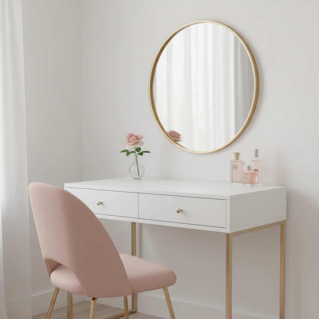 Stylowy kącik w pokoju nastolatki. Biała, minimalistyczna toaletka z okrągłym lustrem w złotej ramie. Na blacie stoi kilka flakonów perfum i mały wazonik z jednym, różowym kwiatem. Obok toaletki stoi krzesło obite pudrowo-różowym welurem. Ściana za toaletką jest biała. Aranżacja jest nowoczesna, kobieca i elegancka.
