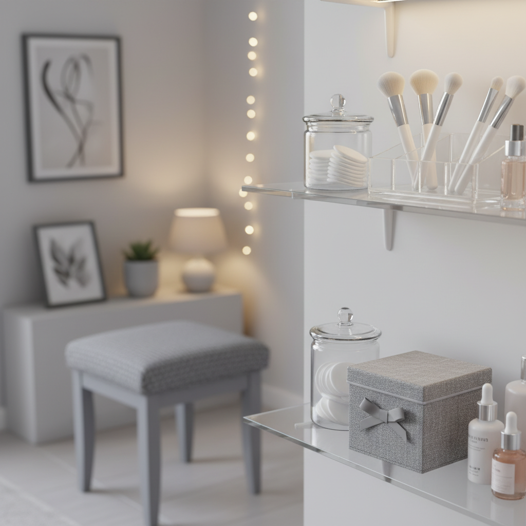 Zbliżenie na pięknie zorganizowaną toaletkę DIY wykonaną ze szklanych półek w małej, przytulnej sypialni. Dominującym kolorem jest delikatna szarość. Na półkach stoją eleganckie pojemniki na kosmetyki. W tle widać dopasowaną szarą tkaninę na taborecie oraz elementy dekoracyjne. Oświetlenie jest miękkie i ciepłe, tworząc spokojną i kobiecą atmosferę.