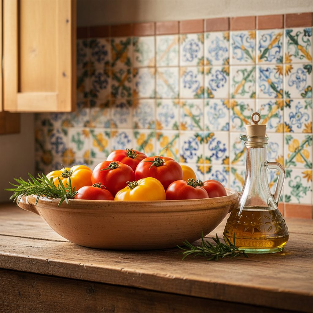 Zbliżenie na fragment rustykalnej kuchni w stylu toskańskim. Na postarzanym, drewnianym blacie stoi duża, ceramiczna misa wypełniona świeżymi pomidorami i gałązkami rozmarynu. Obok znajduje się ozdobna butelka z oliwą z oliwek. W tle widać ścianę wyłożoną ręcznie malowanymi, kolorowymi płytkami ceramicznymi. Światło jest ciepłe i złociste, podkreślając bogactwo faktur i kolorów.