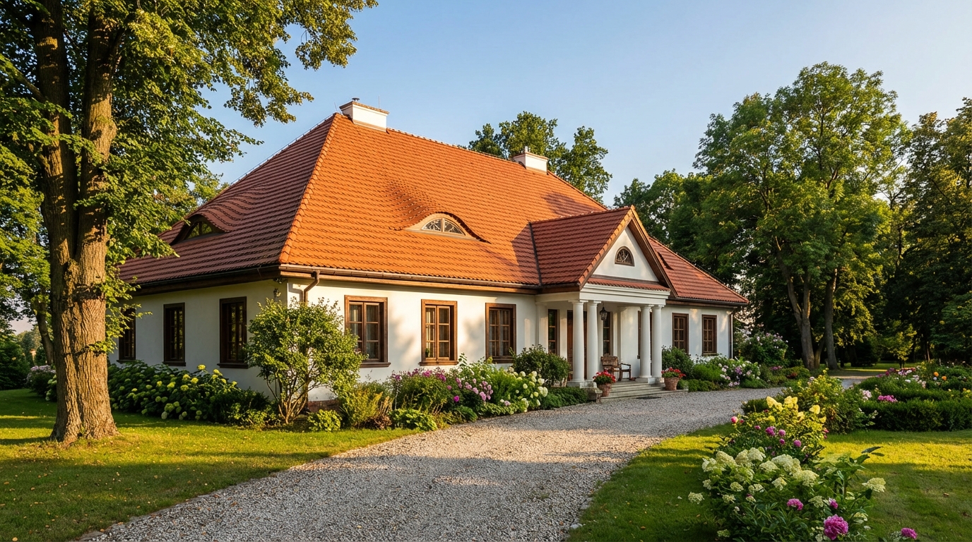 Elegancki, tradycyjny dom jednorodzinny w stylu dworkowym, skąpany w popołudniowym słońcu. Dach pokryty jest klasyczną, falistą dachówką ceramiczną w kolorze naturalnej czerwieni, która pięknie komponuje się z białą elewacją i drewnianymi ramami okien.