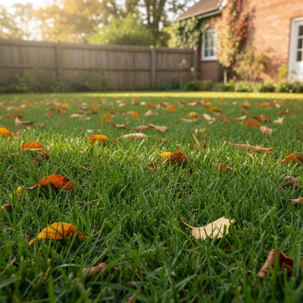 Zdjęcie soczyście zielonego, gęstego trawnika w jesienny dzień, pokrytego kilkoma kolorowymi, opadłymi liśćmi. Kadr z niskiej perspektywy, podkreślający zdrowie i witalność trawy. W tle widać fragment domu lub ogrodzenia. Realistyczne, ostre detale.