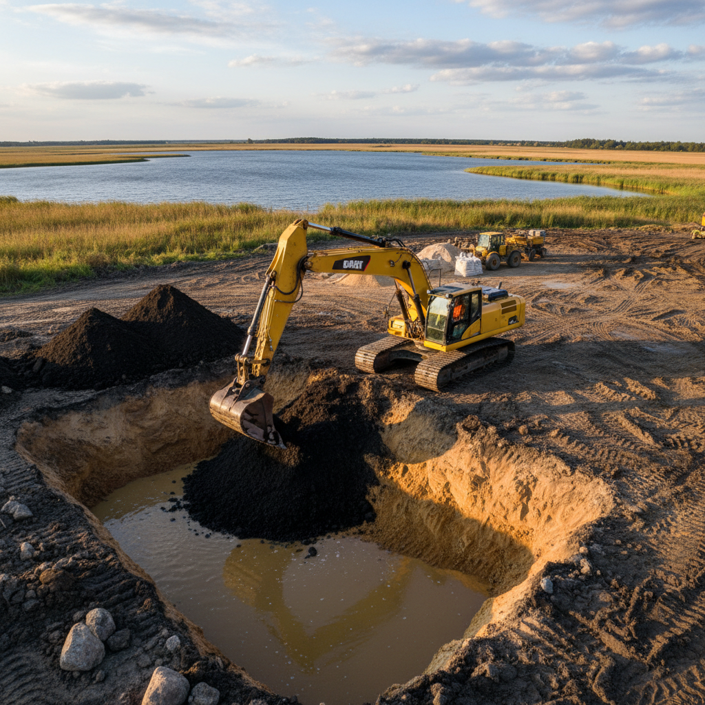 Fotografia przedstawiająca plac budowy na malowniczym, ale trudnym terenie. W tle widać jezioro lub podmokłą łąkę. Na pierwszym planie pracuje koparka, która wybiera ciemny, organiczny grunt (torf) z wykopu, odsłaniając głębsze, jaśniejsze warstwy piasku. Scena sugeruje proces wymiany gruntu w skomplikowanych warunkach wodnych.