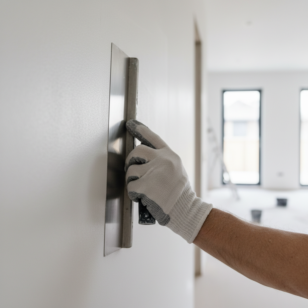 Makro ujęcie dłoni doświadczonego tynkarza w czystych rękawicach, który idealnie gładką pacą nakłada ostatnią, wygładzającą warstwę tynku na nieskazitelnie białą ścianę. Światło pada z boku, podkreślając idealną teksturę tynku i precyzję ruchu. W tle widać rozmyty fragment nowoczesnego, jasnego wnętrza domu w budowie.