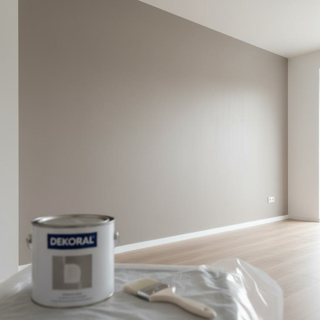 Szeroki kadr przedstawiający jasne, nowocześnie urządzone wnętrze, w którym widać świeżo pomalowaną, idealnie gładką ścianę w eleganckim, matowym kolorze. Na pierwszym planie, w lekkim rozmyciu, leży puszka z farbą DEKORAL oraz czysty pędzel na kawałku folii malarskiej. Całość ma aspiracyjny, profesjonalny charakter, sugerując perfekcyjny efekt końcowy możliwy do osiągnięcia.