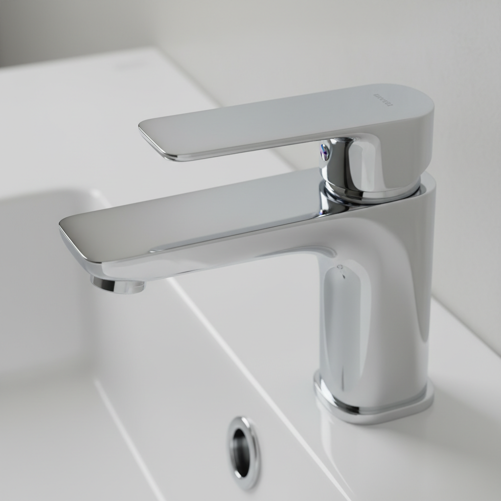 Zbliżenie na chromowaną baterię umywalkową Invena Dokos z boku. Ostrość ustawiona jest na szerokim, płaskim uchwycie o charakterystycznym, ściętym końcu. W tle widać fragment białej, ceramicznej umywalki i delikatne odbicia światła na lśniącej powierzchni baterii. Ujęcie podkreśla precyzję wykonania, nowoczesny design i ergonomiczną formę mieszacza.