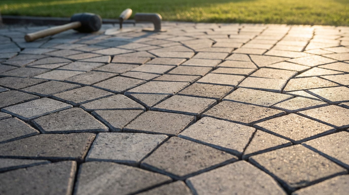 Zbliżenie na fragment nowo ułożonej nawierzchni z kostki brukowej Kreta w kształcie rombu, tworzącej elegancki wzór wachlarza. Kostki mają subtelne, melanżowe odcienie szarości i grafitu. Promienie popołudniowego słońca padają pod niskim kątem, podkreślając fakturę i fugi między kostkami. W tle, lekko rozmyte, widać narzędzia brukarskie i zielony trawnik, co sugeruje trwające prace. Kompozycja jest estetyczna i skupia się na precyzji wykonania wzoru.
