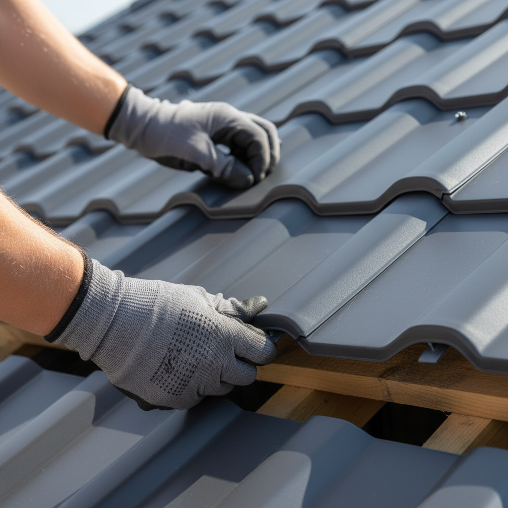 Zbliżenie na dłonie dekarza w rękawicach, który precyzyjnie dopasowuje i montuje jeden panel blachodachówki modułowej do drugiego. Widoczna jest charakterystyczna faktura i przetłoczenie blachy w kolorze grafitowym.
