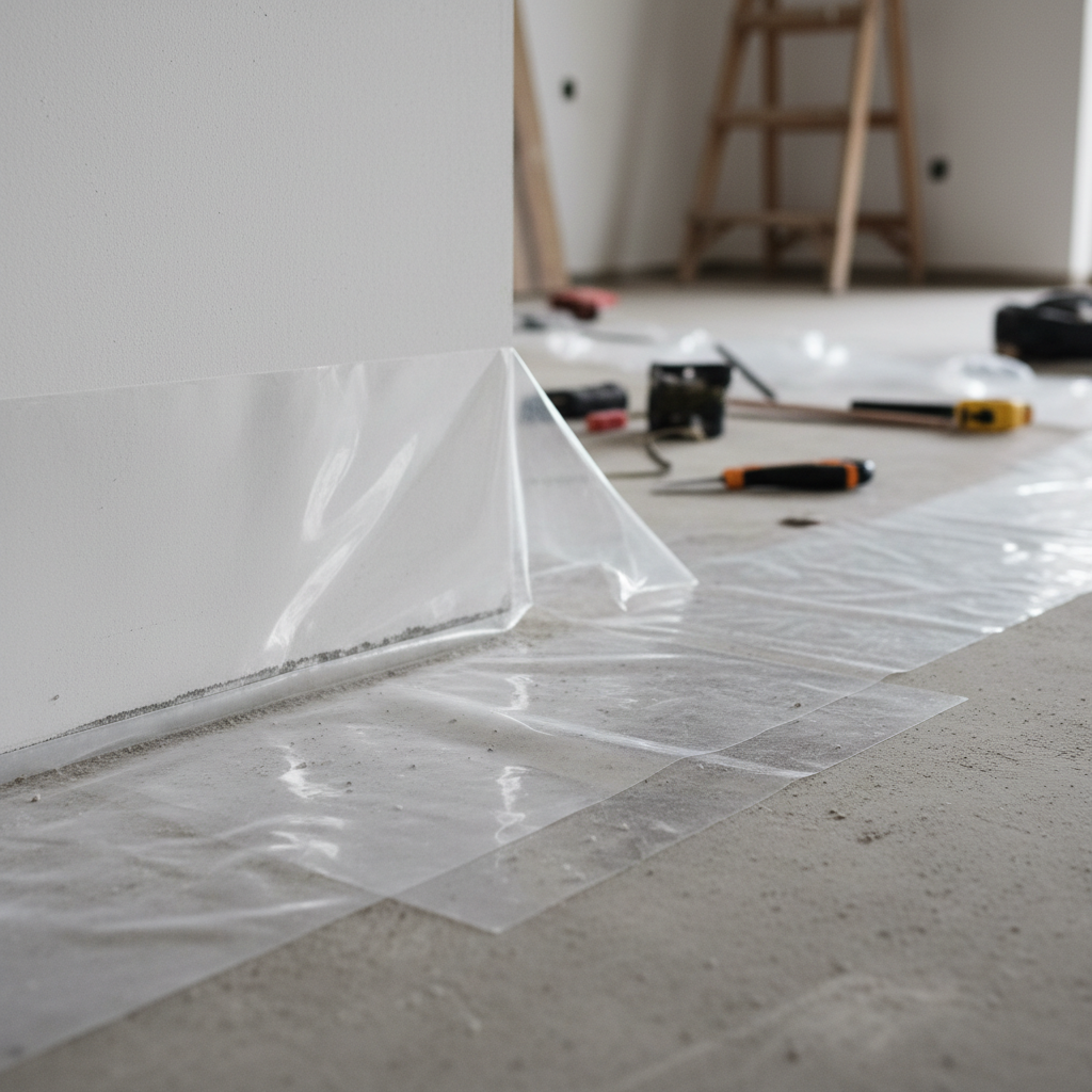 Zbliżenie na narożnik pokoju, gdzie przezroczysta folia paraizolacyjna jest starannie układana na betonowej posadzce. Folia jest wywinięta na ścianę na wysokość kilku centymetrów, a jej kolejne pasy nachodzą na siebie, co ilustruje prawidłową technikę montażu.