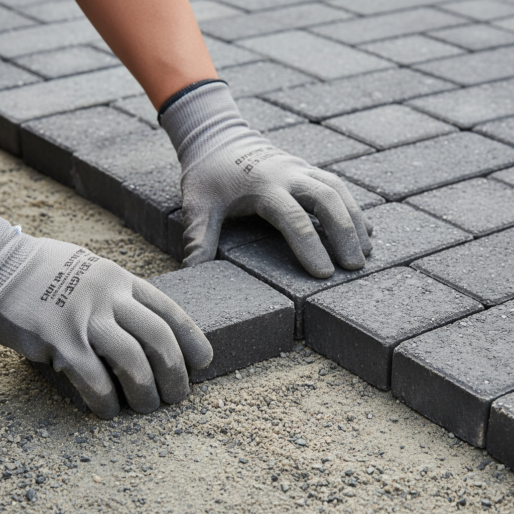 Zbliżenie na dłonie profesjonalnego brukarza w rękawicach roboczych, który precyzyjnie układa dużą, prostokątną kostkę brukową w kolorze antracytowym. W tle widać fragment już ułożonej, idealnie równej nawierzchni tworzącej wzór jodełki. Scena podkreśla kunszt, dokładność i jakość pracy.