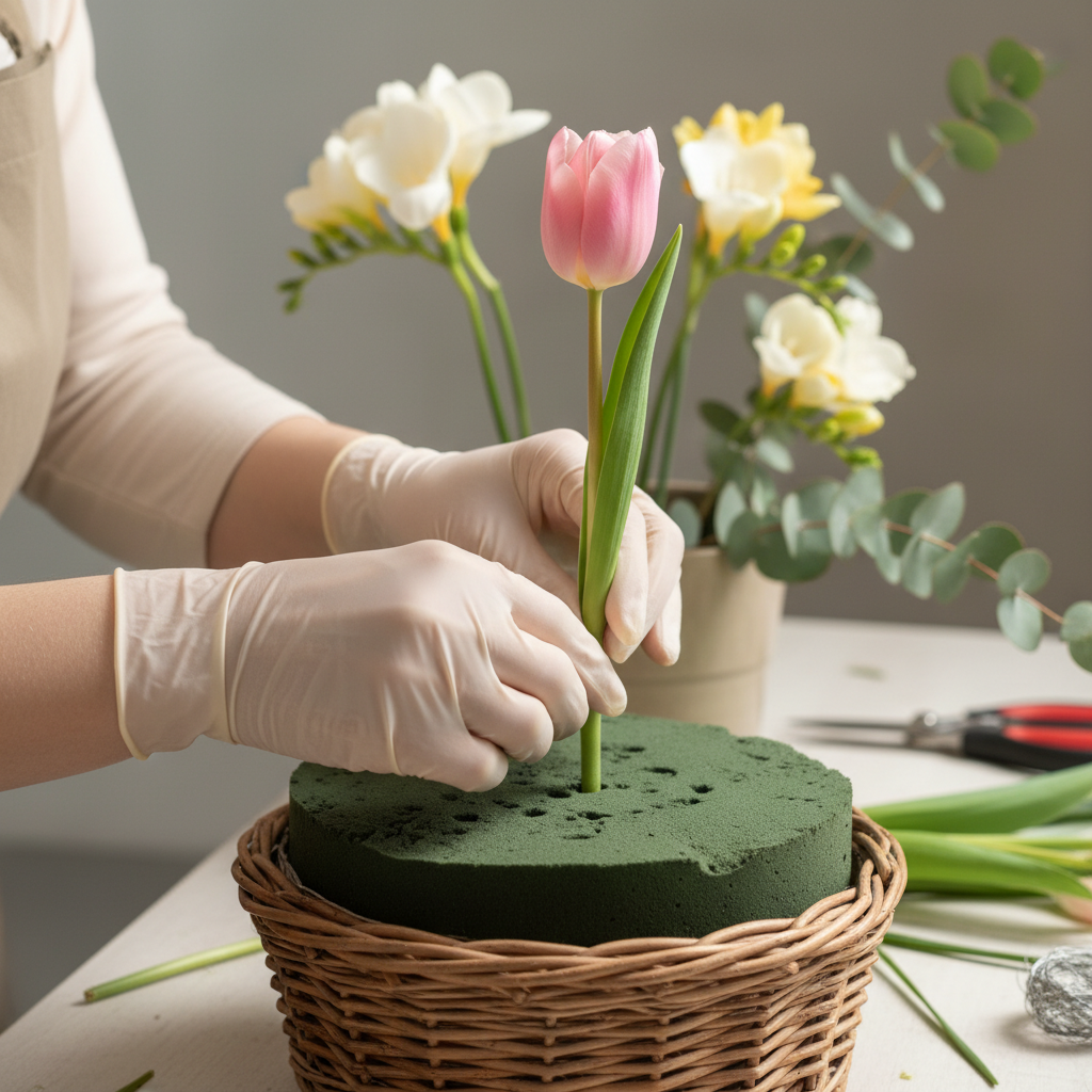 Zbliżenie na dłonie florystki, która delikatnie umieszcza łodygę świeżego, różowego tulipana w zielonej gąbce florystycznej umieszczonej w wiklinowym koszyku. W tle widać już kilka innych kwiatów, tworzących początek pięknej, wiosennej kompozycji. Scena jest pełna skupienia i precyzji, podkreślając rzemieślniczy charakter pracy.