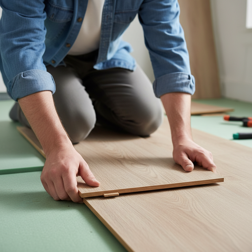 Zbliżenie na dłonie mężczyzny w casualowym stroju, który na kolanach precyzyjnie łączy dwa panele podłogowe o wzorze jasnego dębu na podłożu z zielonego podkładu.