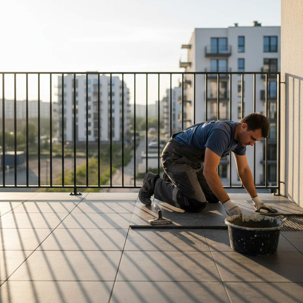 Fachowiec w roboczym ubraniu klęczy na nowo wykończonym balkonie, precyzyjnie układając ostatnie płytki gresowe w kolorze grafitowym. Obok niego leży paca zębata i wiadro z klejem. Słońce rzuca długie cienie, tworząc atmosferę precyzyjnej pracy.
