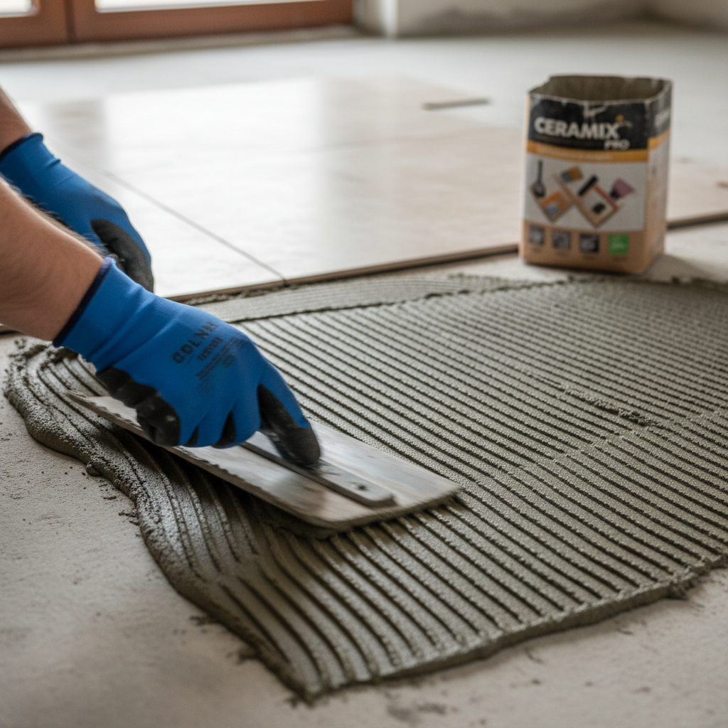 Zbliżenie na dłonie profesjonalnego glazurnika w rękawicach roboczych, który za pomocą pacy zębatej rozprowadza szarą zaprawę klejącą na podłodze. W tle widać ułożone już płytki oraz opakowanie produktu. Ujęcie jest dynamiczne i podkreśla fachowość oraz precyzję pracy.