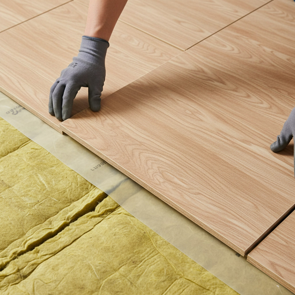 Ujęcie z góry pokazujące proces montażu podłogi pływającej. Widoczne są poszczególne warstwy: na dole żółta wełna mineralna, na niej fragment przezroczystej folii paroizolacyjnej, a na wierzchu monter w roboczych rękawicach dokładnie dopasowuje kolejną płytę OSB do już ułożonych. Krawędź 