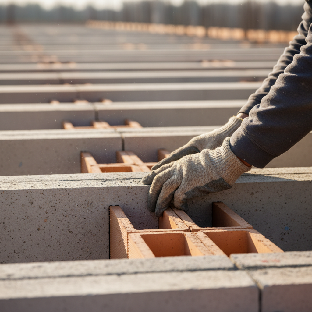 Zbliżenie na ręce pracownika budowlanego w rękawicach ochronnych, który precyzyjnie układa pustak wypełniający między dwiema prefabrykowanymi belkami stropowymi. W tle widać kolejne rzędy już ułożonej konstrukcji. Zdjęcie w ciepłym, naturalnym oświetleniu, podkreślające staranność i rzemiosło.