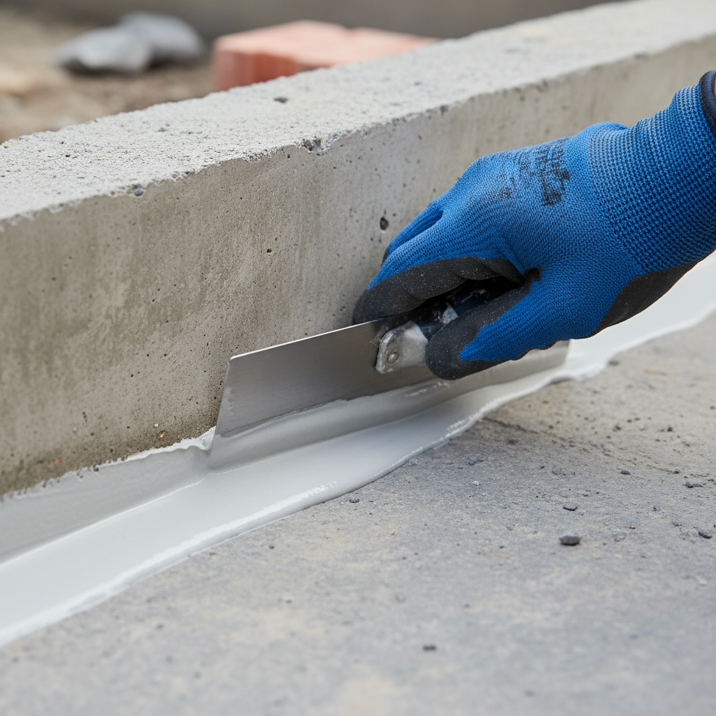 Zbliżenie na dłoń w rękawicy roboczej, która za pomocą pacy precyzyjnie aplikuje gładką, elastyczną masę uszczelniającą w narożniku ściany fundamentowej. Widać, jak materiał idealnie pokrywa połączenie dwóch płaszczyzn, tworząc jednolitą, bezszwową powłokę. Tło jest lekko rozmyte, co skupia uwagę na detalu i jakości aplikacji.