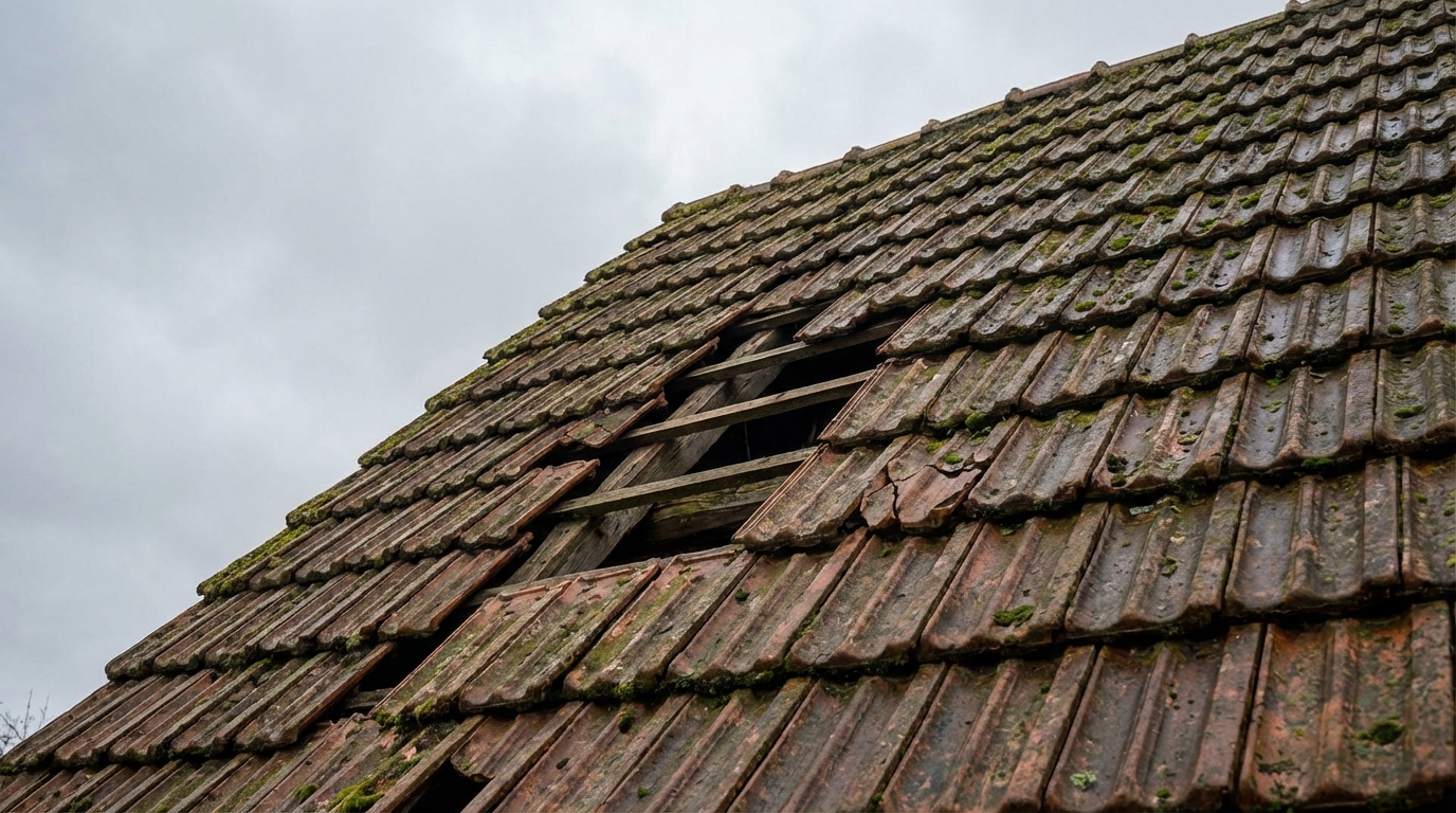 Realistyczne ujęcie fragmentu starego, stromego dachu pokrytego zniszczoną, omszałą dachówką ceramiczną. Kilka dachówek jest pękniętych lub wyszczerbionych, a w jednym miejscu widać prześwit. Scena jest sfotografowana w pochmurny dzień, co podkreśla atmosferę zaniedbania i konieczność remontu.