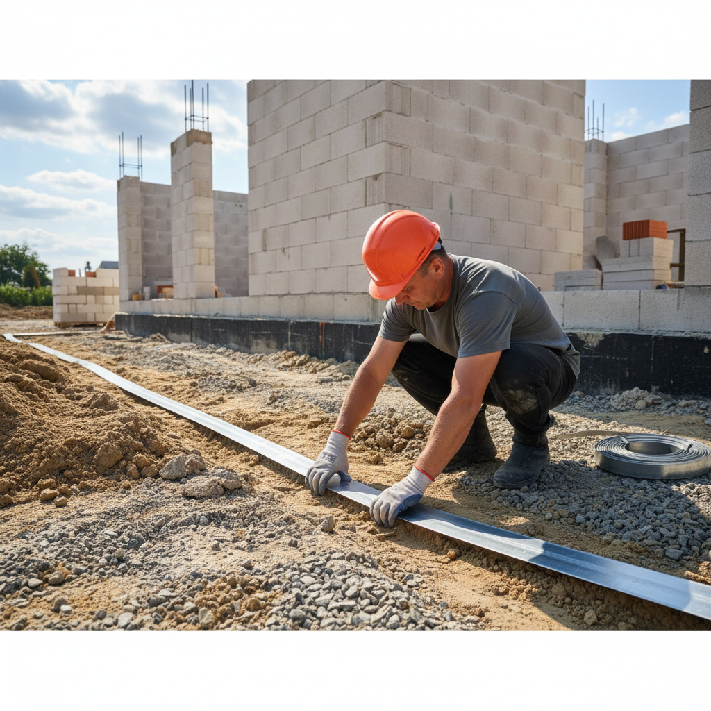 Zdjęcie przedstawiające pracownika w trakcie montażu uziomu otokowego. W wykopie wokół fundamentów domu układana jest lśniąca, metalowa taśma (bednarka). W tle widać fragment nowo budowanej ściany, co podkreśla, że o instalacji odgromowej warto myśleć już na etapie budowy.