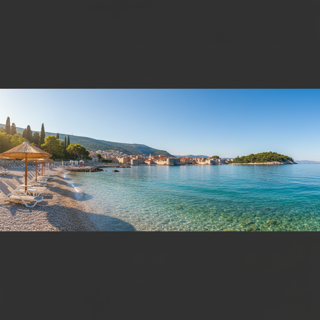 Malowniczy widok na wybrzeże Chorwacji z krystalicznie czystą, turkusową wodą Adriatyku. Na pierwszym planie widać kamienistą plażę z leżakami, a w tle historyczne miasteczko z czerwonymi dachami, otoczone zielonymi wzgórzami. Słoneczny, bezchmurny dzień, spokojna i relaksująca atmosfera.