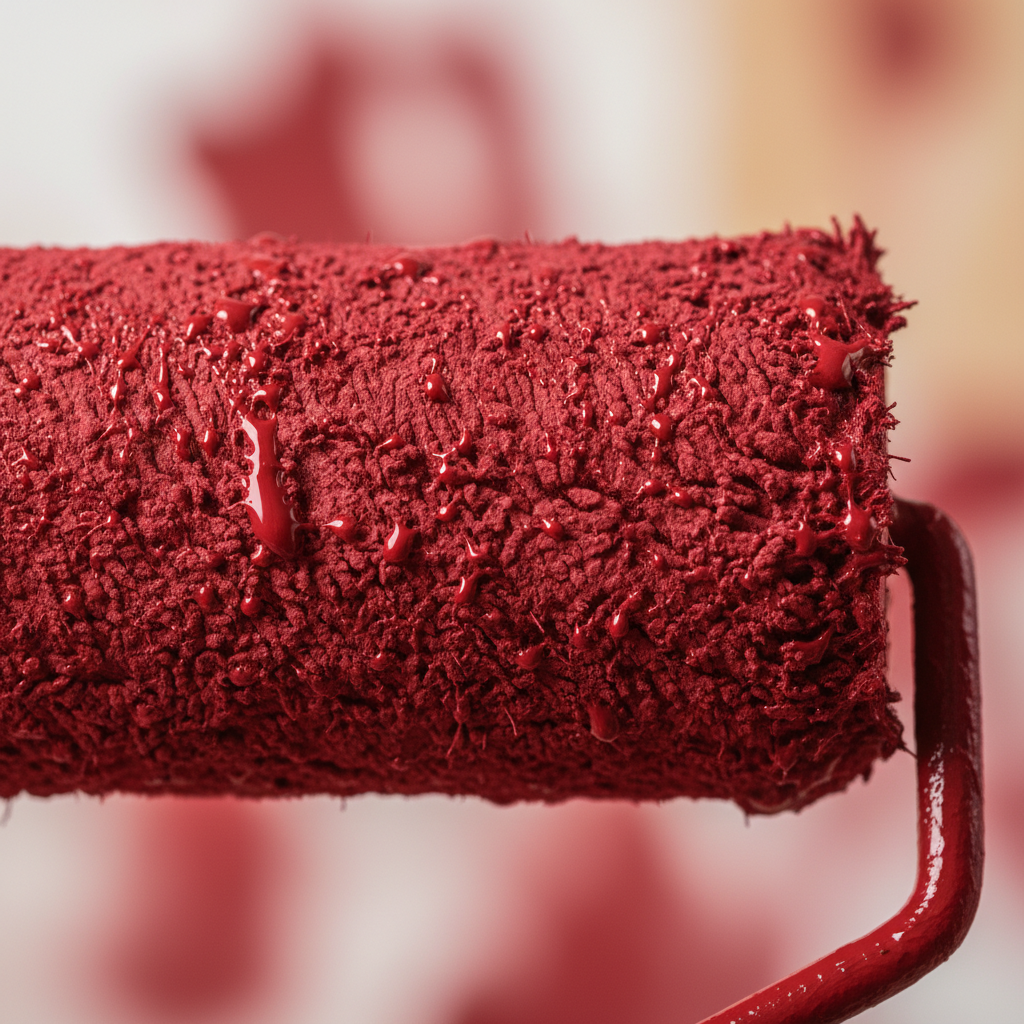 Makro ujęcie nowego, puszystego wałka malarskiego typu microfibra, obficie nasączonego gęstą, intensywnie czerwoną farbą. Widać pojedyncze kropelki farby na końcówkach włókien. Tło jest delikatnie rozmyte, a cała uwaga skupia się na fakturze wałka i bogactwie koloru.