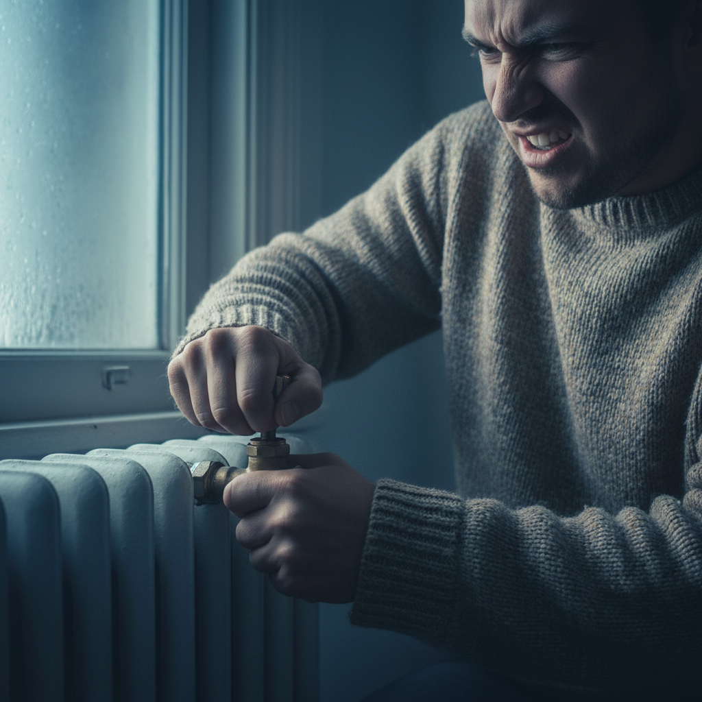 Zdjęcie przedstawiające z bliska osobę w grubym swetrze, która z wyraźem frustracji na twarzy próbuje przekręcić stary, tradycyjny zawór termostatyczny przy kaloryferze. Światło w pomieszczeniu jest chłodne, co potęguje wrażenie dyskomfortu i zimna.
