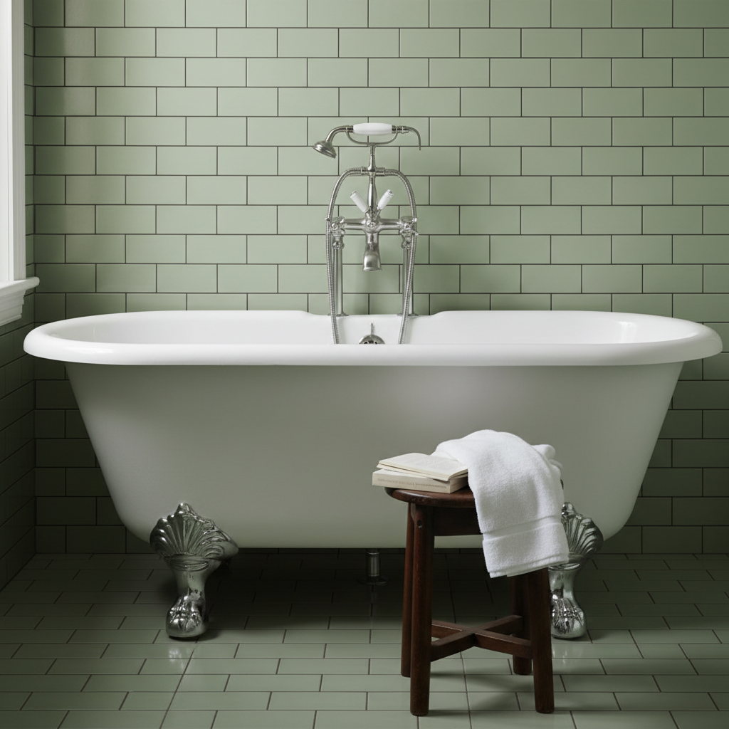 Centralny punkt eleganckiej łazienki w stylu retro, wolnostojąca, biała wanna z emaliowanego żeliwa na ozdobnych, chromowanych lwich łapach. Obok wanny stoi mały, drewniany stołek z ręcznikiem i książką. Ściana w tle wyłożona jest jasnozielonymi płytkami metro.