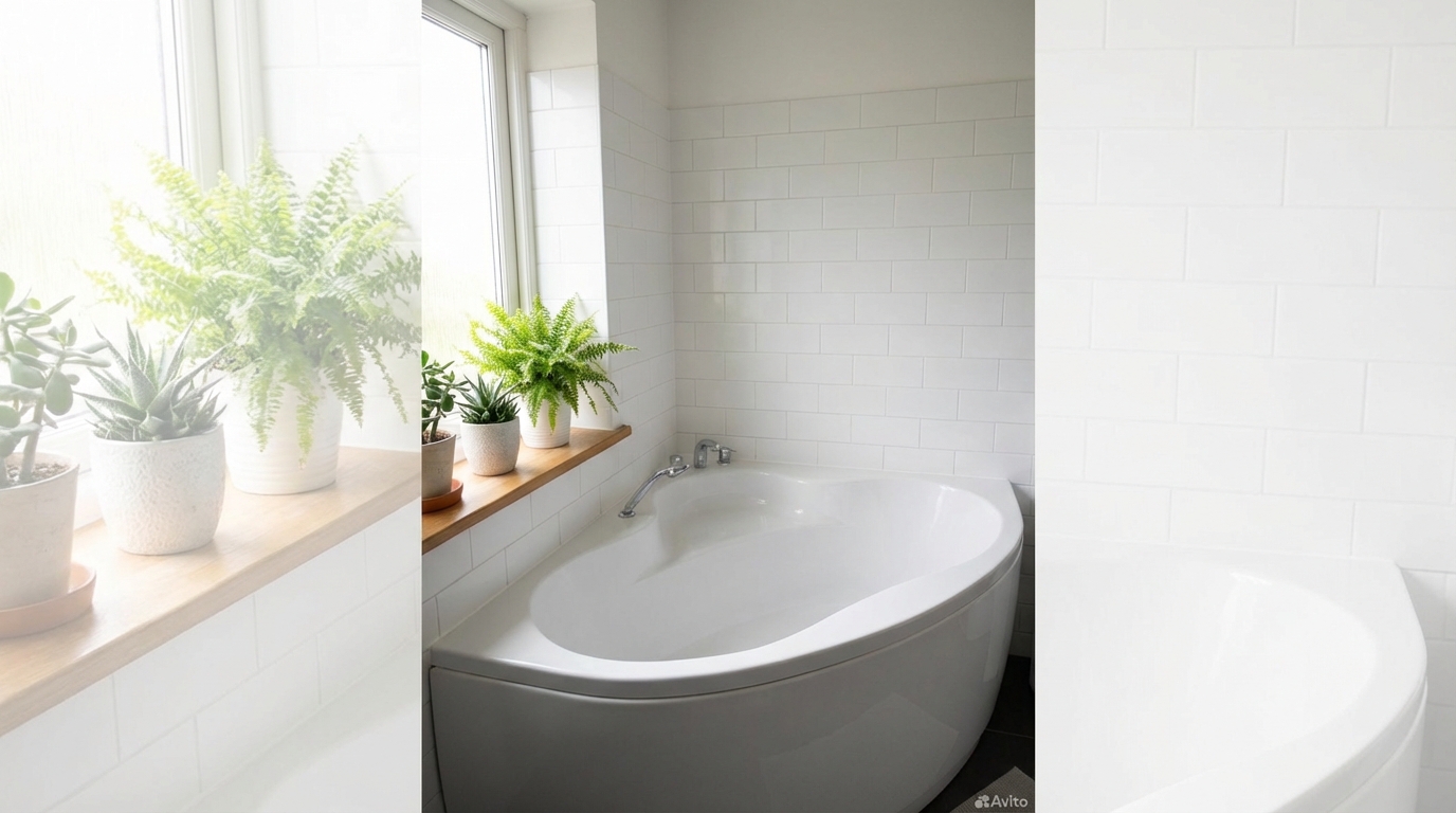 Mała, jasna łazienka z nowoczesną, asymetryczną wanną narożną. Delikatne, naturalne światło wpada przez okno, oświetlając białe płytki. Na parapecie stoi kilka zielonych roślin doniczkowych, dodając wnętrzu świeżości i życia.